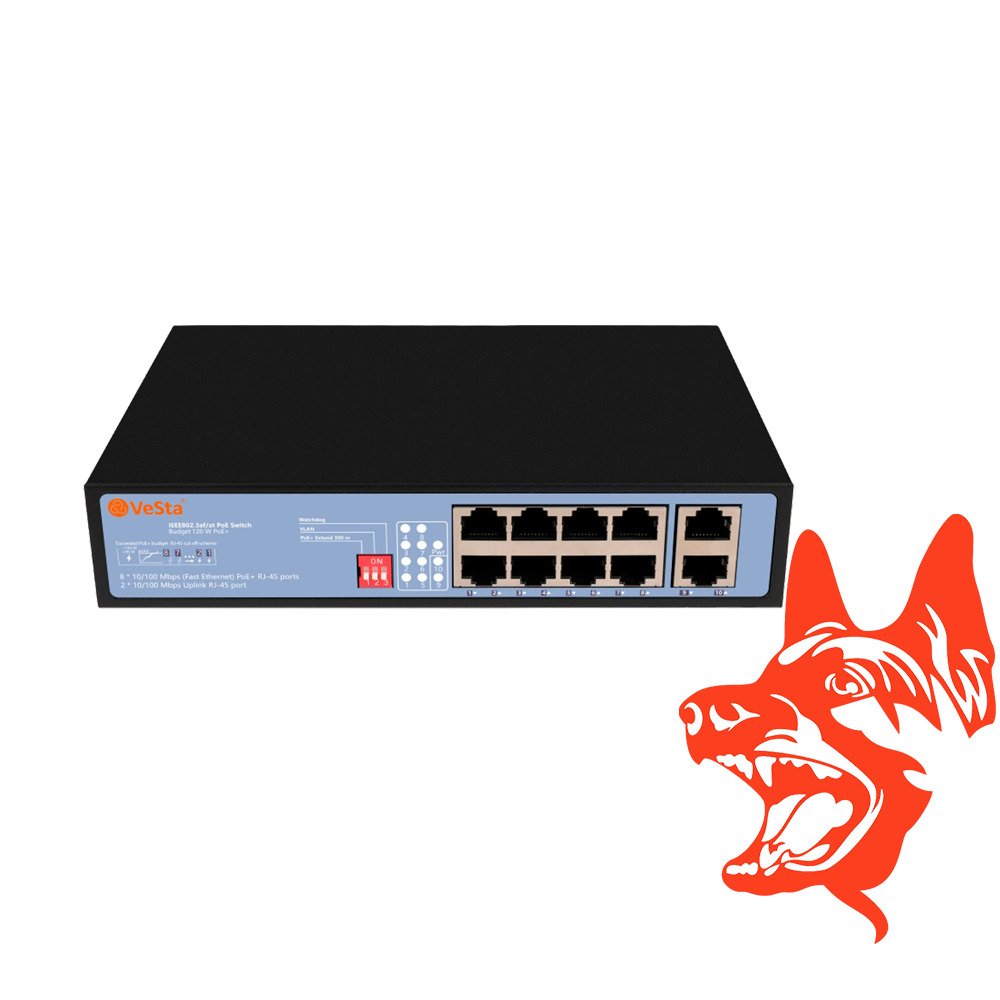 VSW-510P  PoE-    .    1250 .  8  10/100M Ethernet   PoE-  2 uplink- 10/100 Ethernet.     2 
