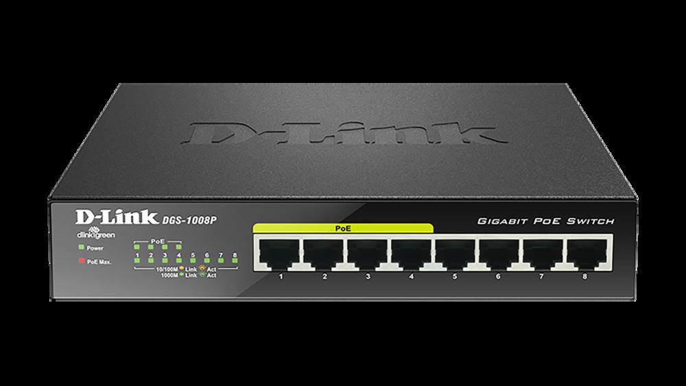 Коммутатор D-Link DGS-1008P с 8 портами 10/100/1000Base-TX (4 порта с поддержкой PoE + 4 порта без поддержки PoE)